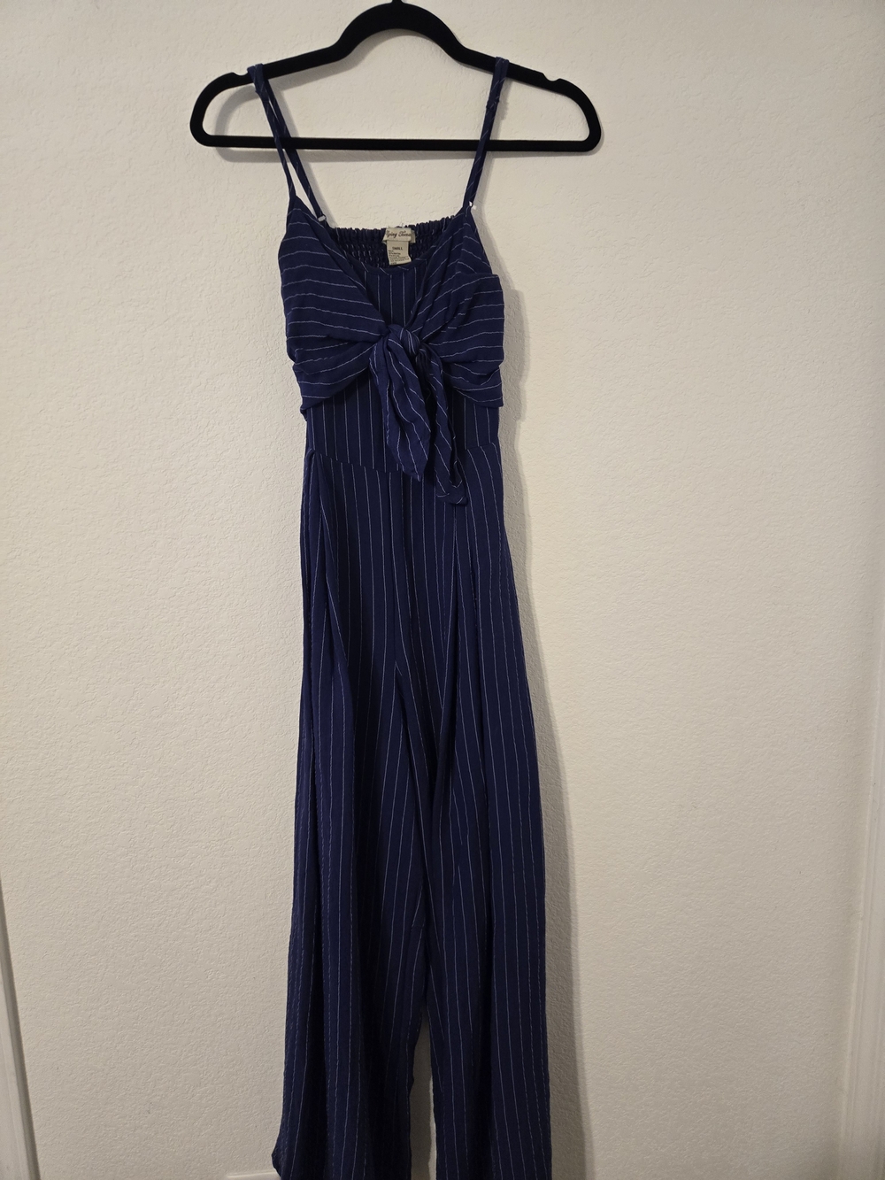 Flying Tomato Navy Blue Pinstripe Tie-Front Jumpsuit